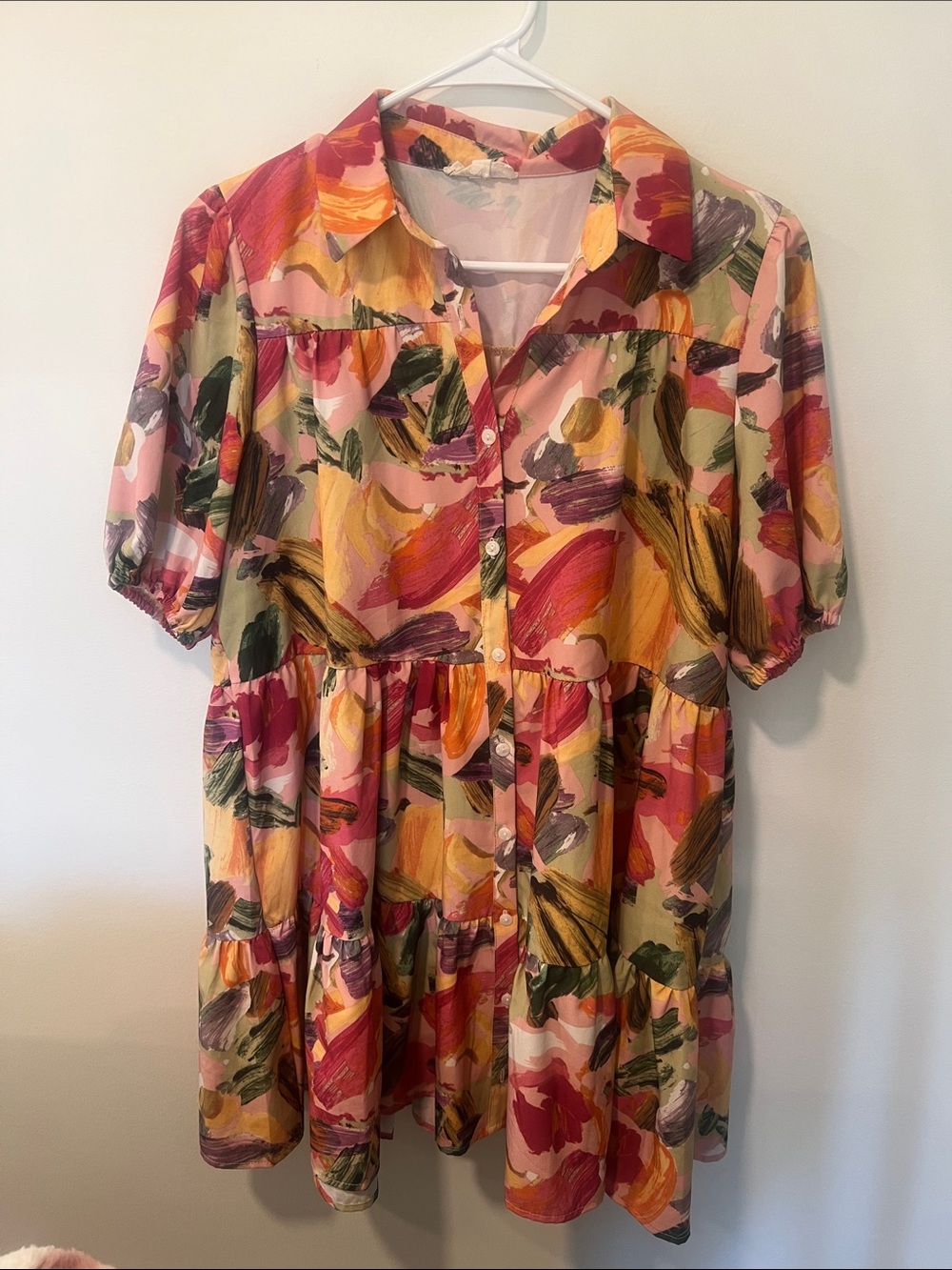 Flowy Multicolor Brushstroke Shirt Dress - Pink & Yellow